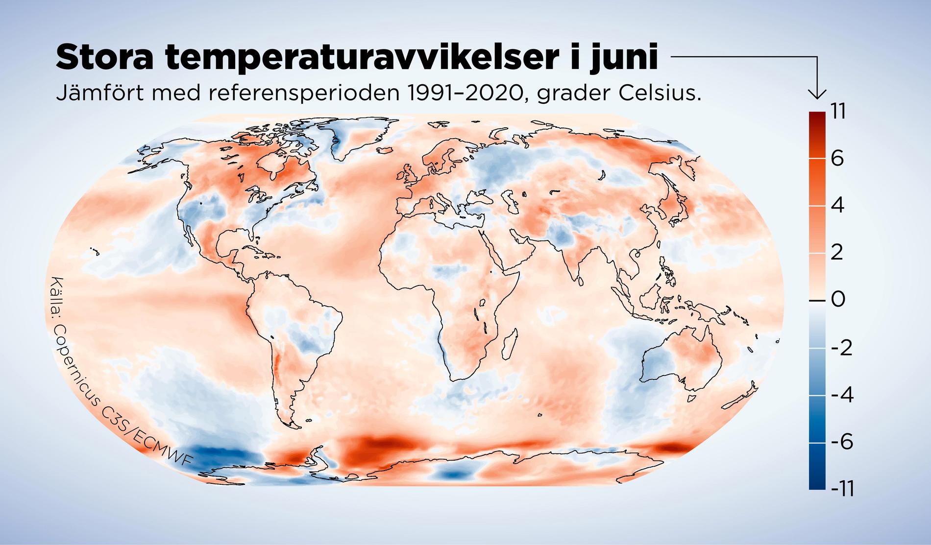 Temperaturavvikelser i juni 2023 jämfört med referensperioden 1991–2020, grader Celsius.