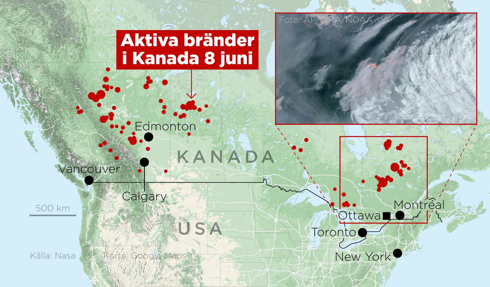 Aktiva bränder i Kanada 8 juni.