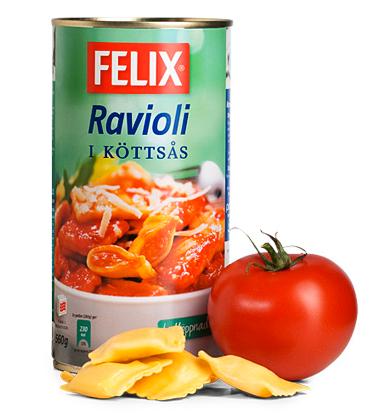 Felix ravioli i köttsås, 560 gram – innehåller 28 gram gris- och nötkött det vill säga 5 procent.
Källa: Råd & Rön