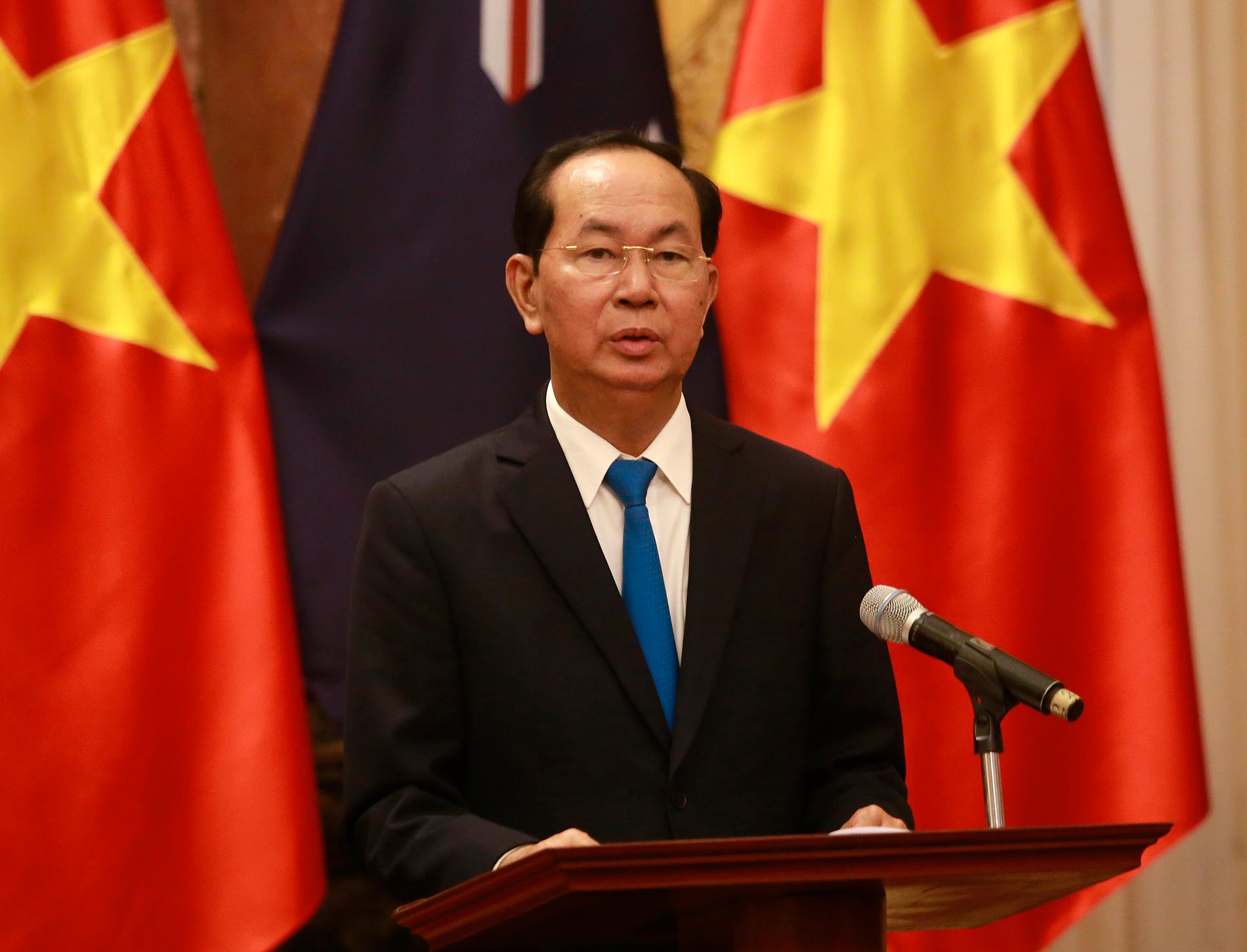 Vietnams president Tran Dai Quang under en presskonferens i Hanoi i maj i år.