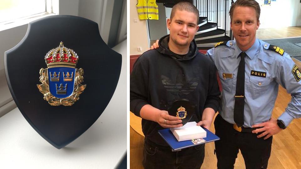 Kevin fick ta emot en polisplakett av polischefen för Ängelholms polisområde, Christian Nordin. 