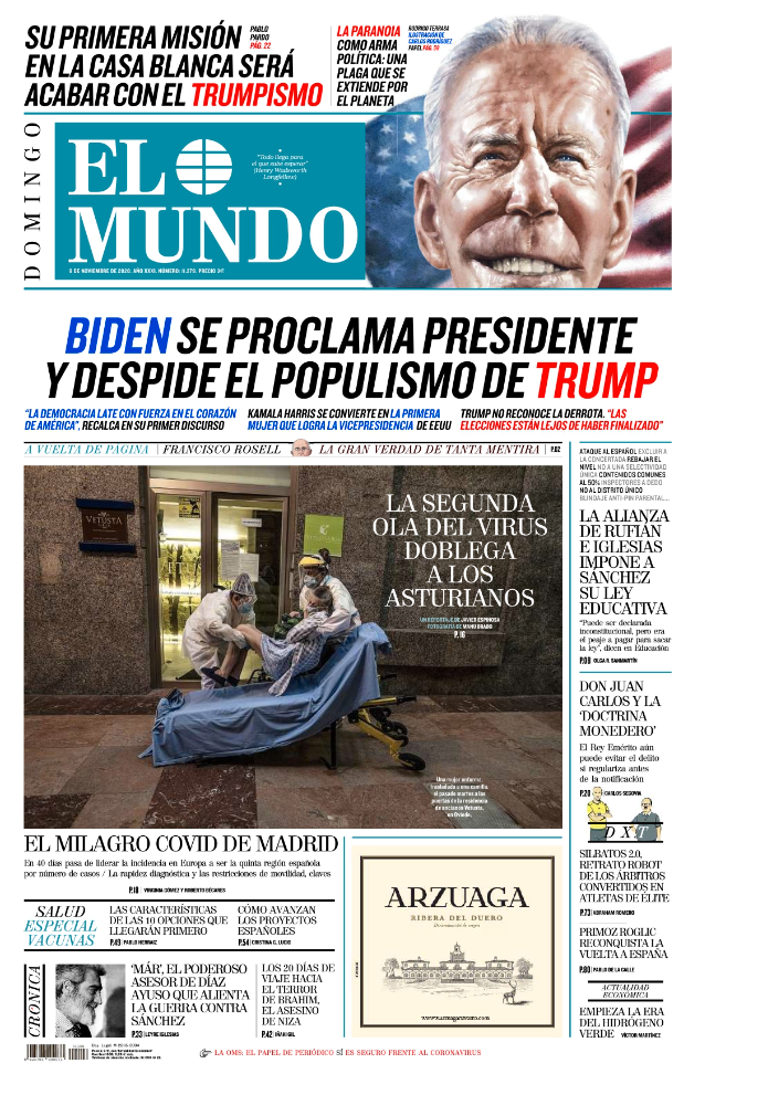 ”Biden utropar sig till president och ger sparken åt Trumps populism”, skriver spanska El Mundo.