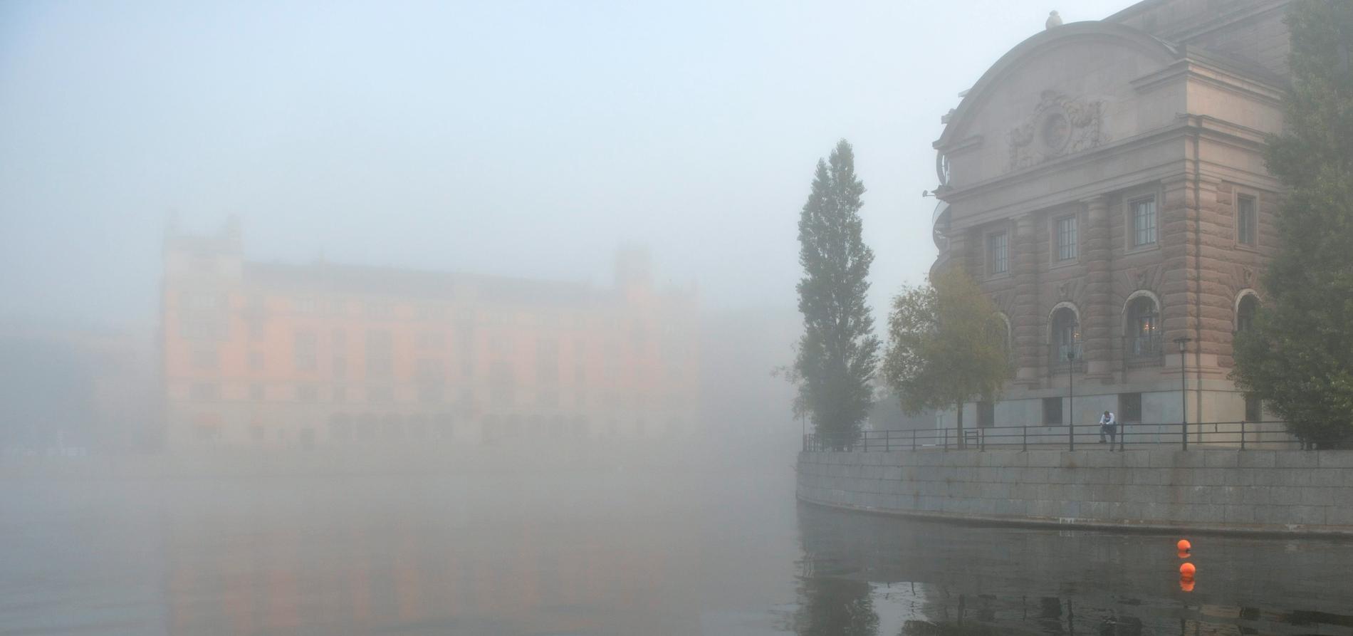 Regeringens säte Rosenbad och Riksdagshuset i Stockholm. I dimma. 