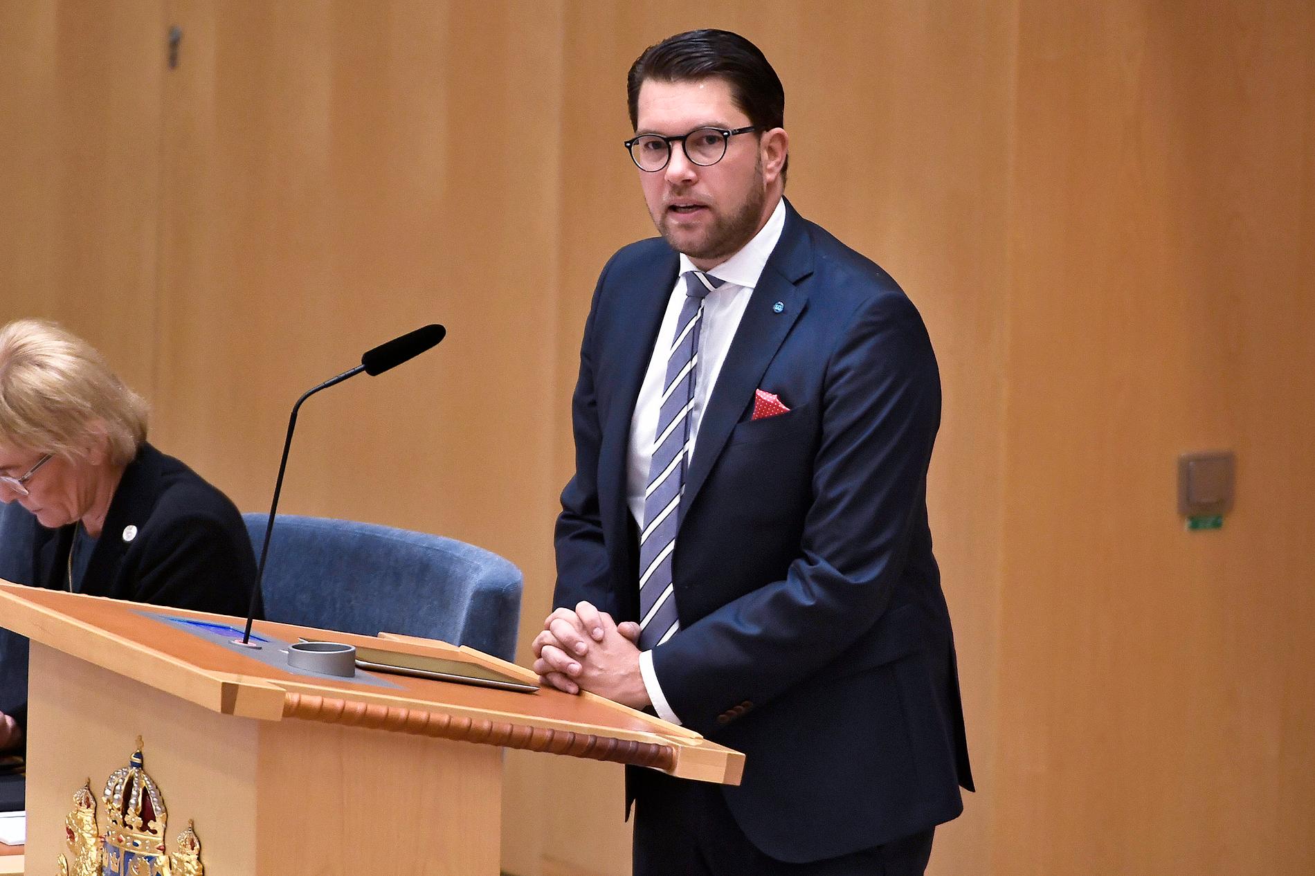 Sverigedemokraternas partiledare Jimmie Åkesson (SD) under partiledardebatt i riksdagen i Stockholm.
