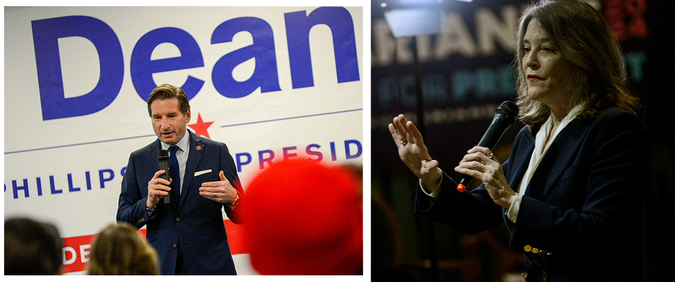 Dean Phillips (till vänster) och Marianne Williamson utmanar sittande demokratiska presidenten Joe Biden. 