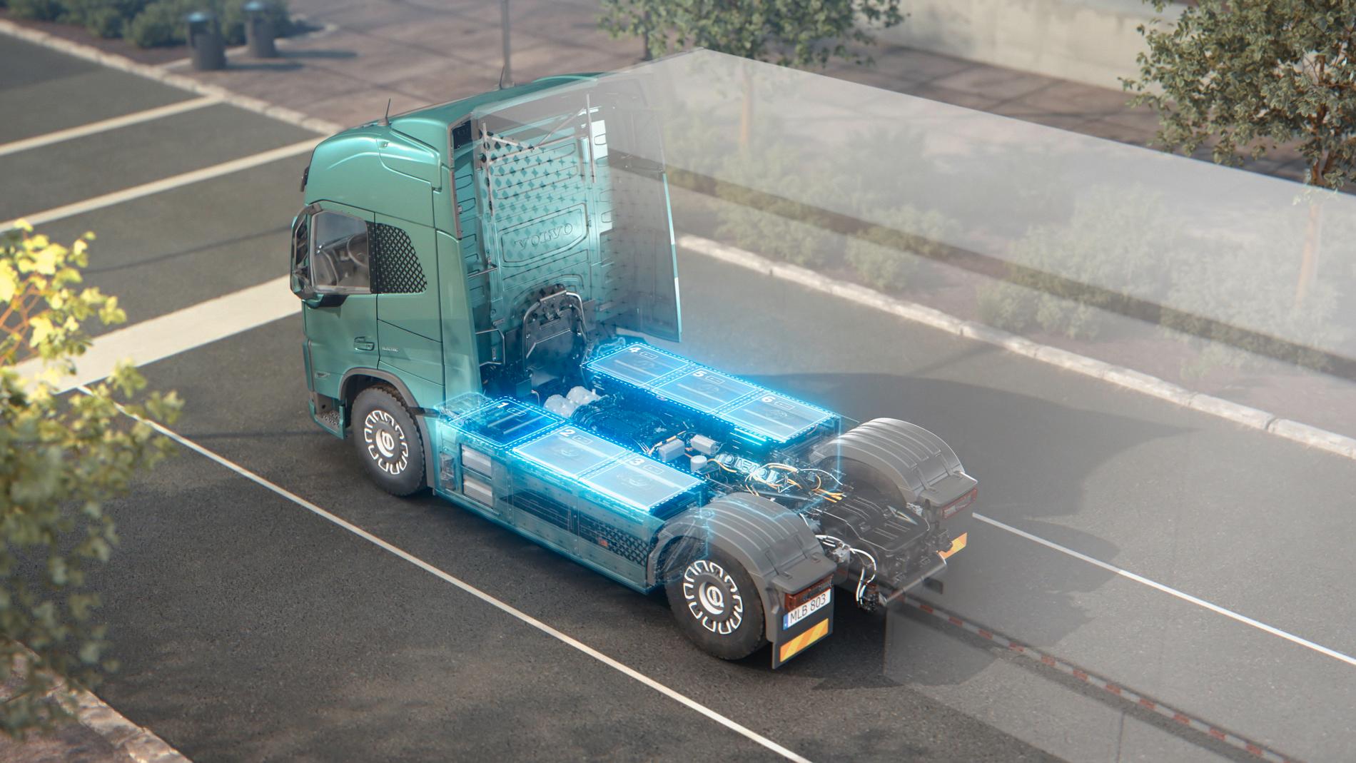 Skiss som visar batterier i en eldriven Volvolastbil.