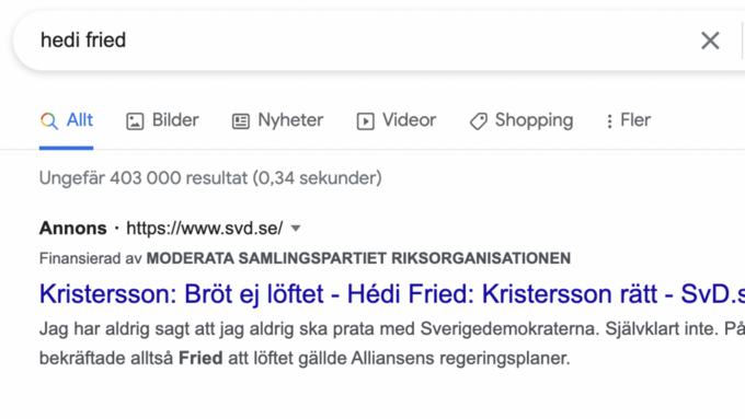 En skärmdump som visar annonsen som dök upp när man googlade ”Hédi Fried” på fredagsmorgonen. 
