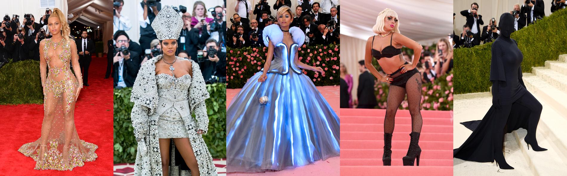 Från vänster Beyoncé på Met-galan 2015, Rihanna 2018, Zendaya och Lady Gaga 2019 samt Kim Kardashian 2021. 