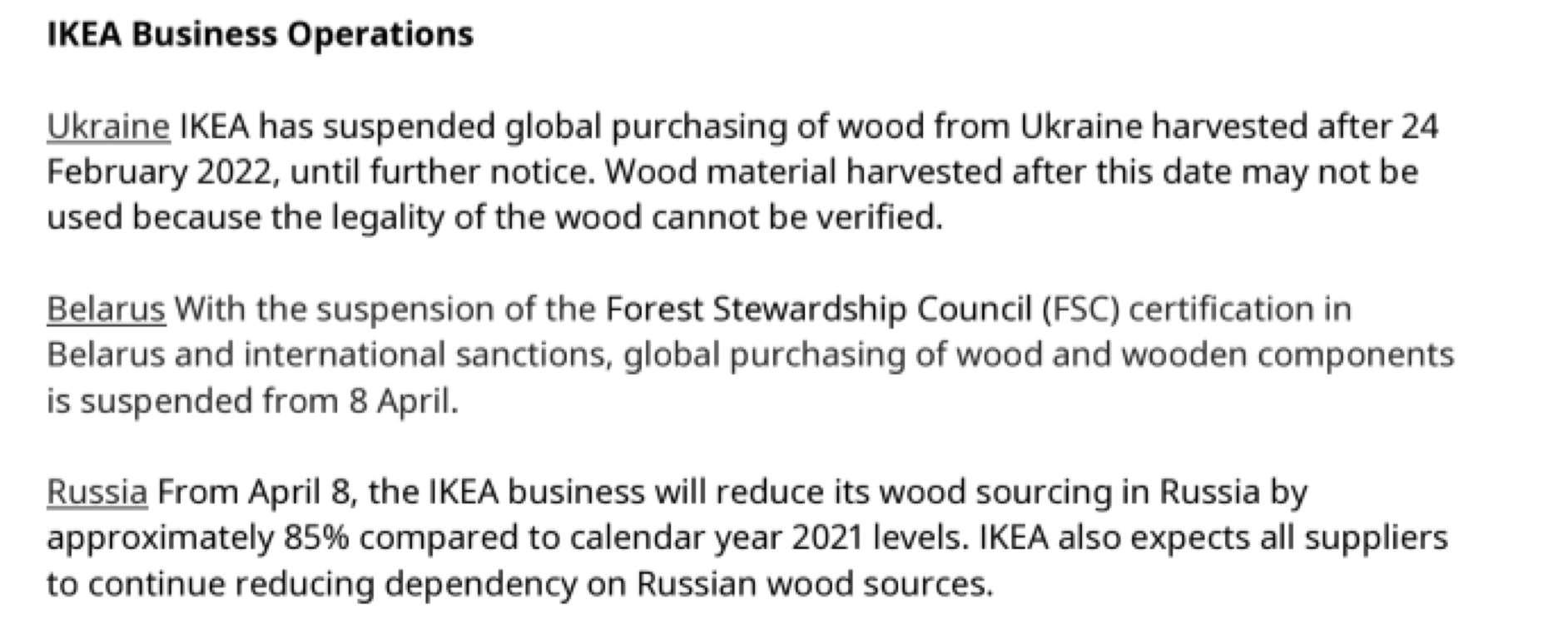 I ett internt brev daterat den 25 mars bekräftar Ikea att trähandeln med Ryssland fortsätter, trots kriget. 