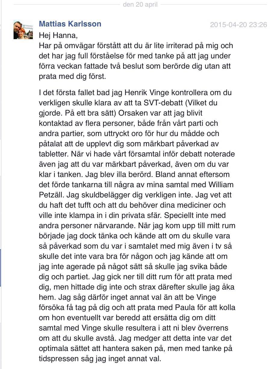 Första delen av Mattias Kalssons Facebookmeddelande.