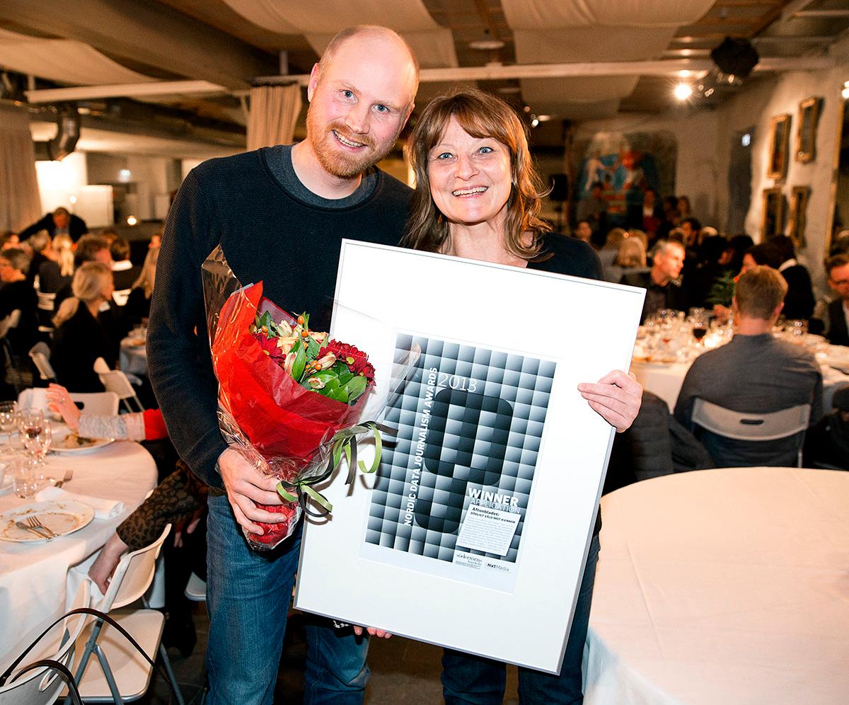 Reportern Kerstin Weigl och utvecklaren Magnus Ljadas under kvällens prisutdelning på Tvålpalatset i Stockholm.