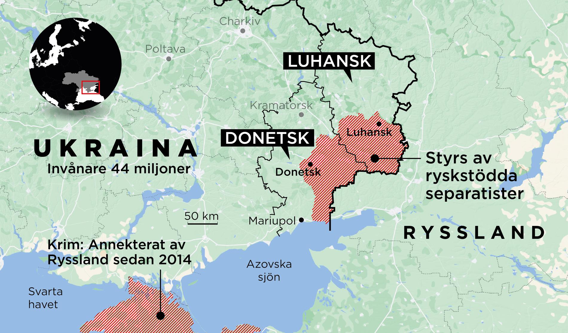 Rebellregionerna Donetsk och Luhansk styrs delvis av separatister. De vill inte tillhöra Ukraina. 