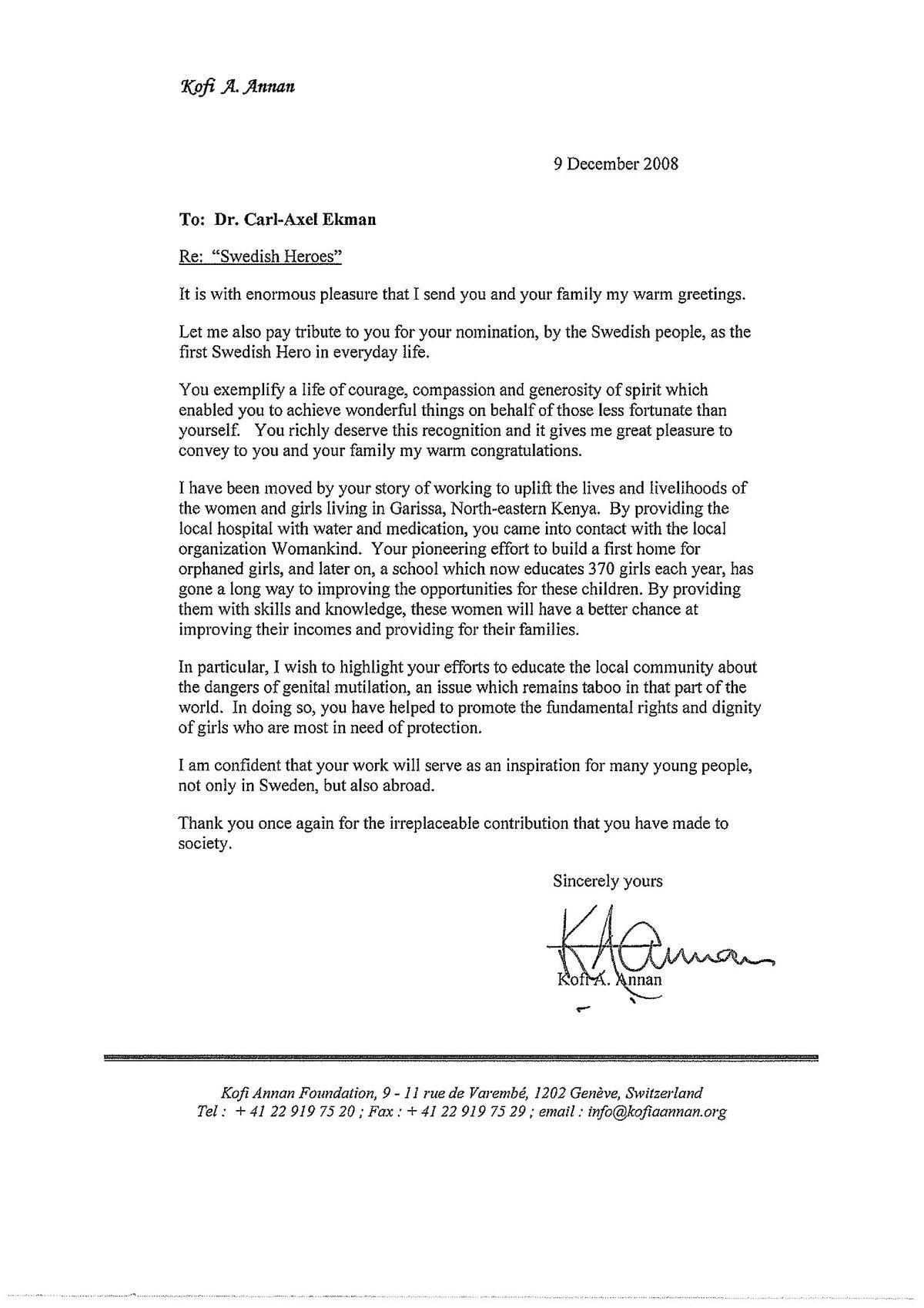 Kofi Annans brev till Carl-Axel. Klicka på bilden för en större version.