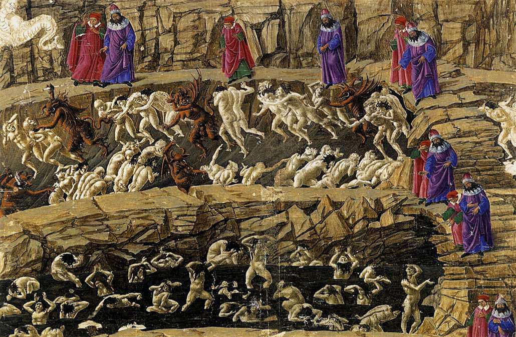 KRISPANIKSKRÄCK MODELL 1300-tal Medeltiden var en period när det inte rådde brist på spekulationer i mänsklighetens snara undergång. Här helvetets åttonde krets som Dante föreställde sig den i ”Den gudomliga komedin” (tolkad av renässansmålaren Sandro Botticelli).