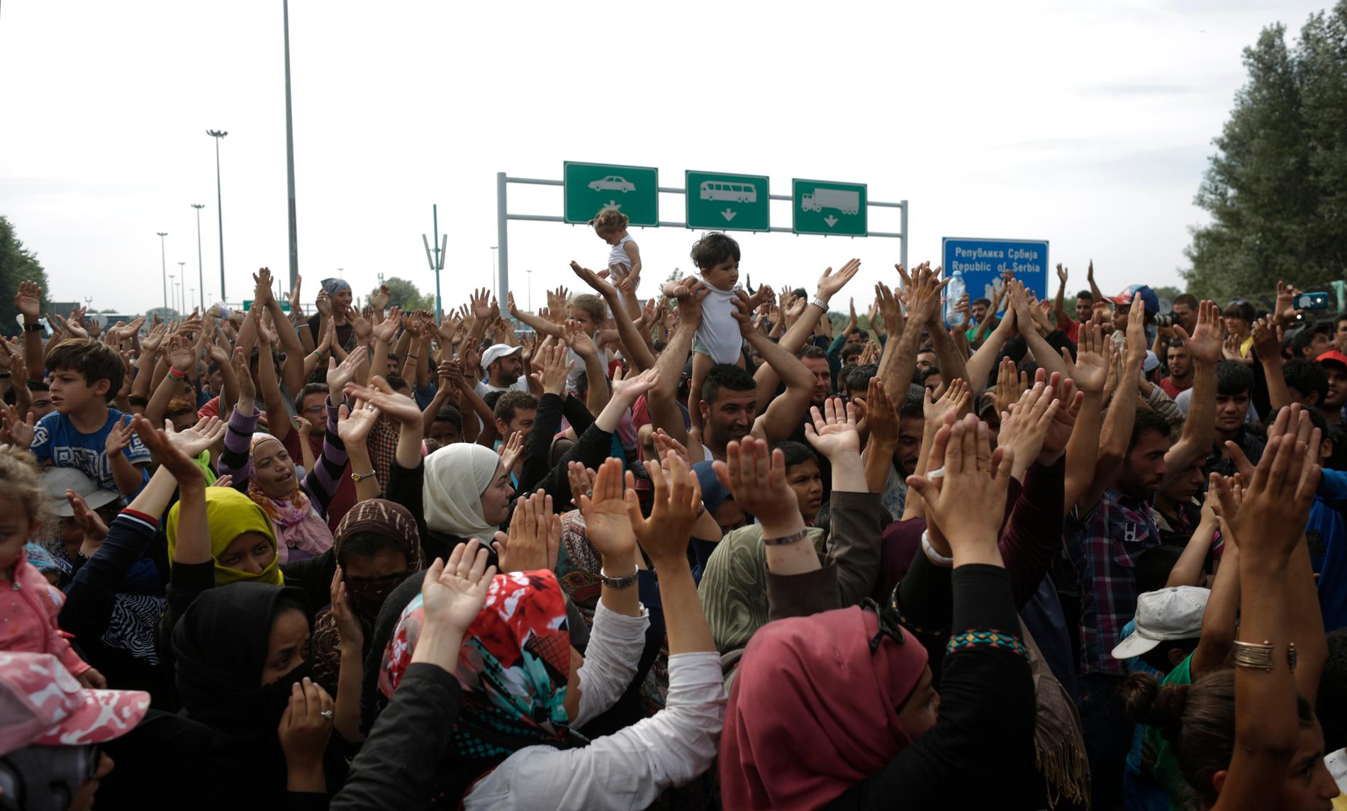 Flyktingar vid ungerska gränsen.