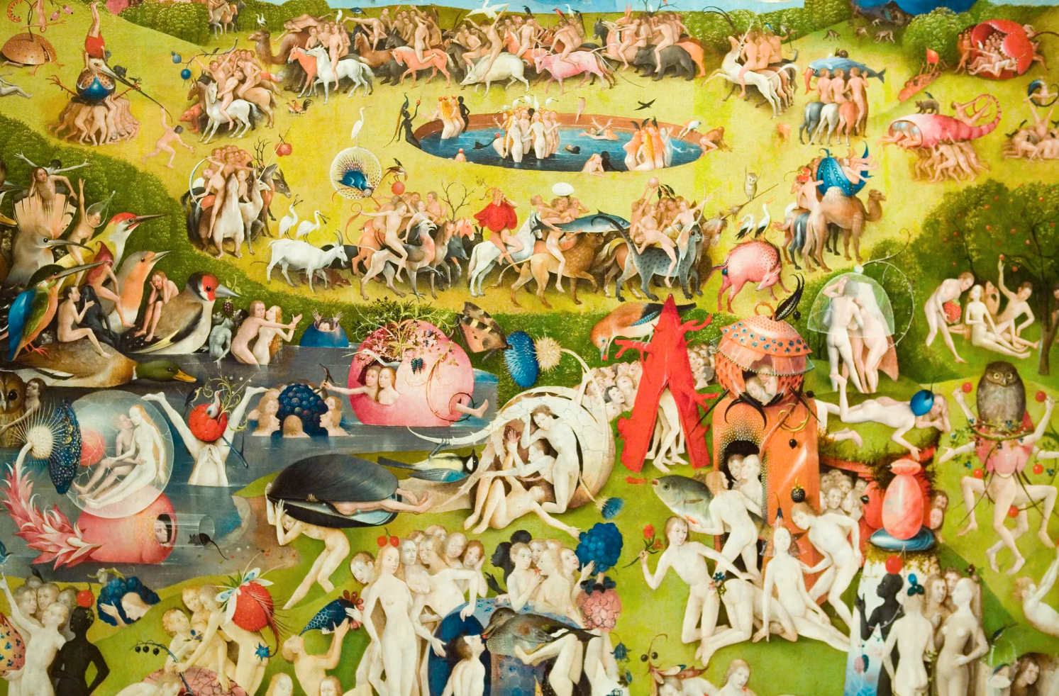 Hieronymus Boschs ”Lustarnas trädgård”, som man möjligen kan besöka i bearbetning av AI-verktyget Midjourney. Spännande, men kommer att låsa in oss i eller befria oss från våra mentala fängelser, frågar sig Sinziana Ravini. 