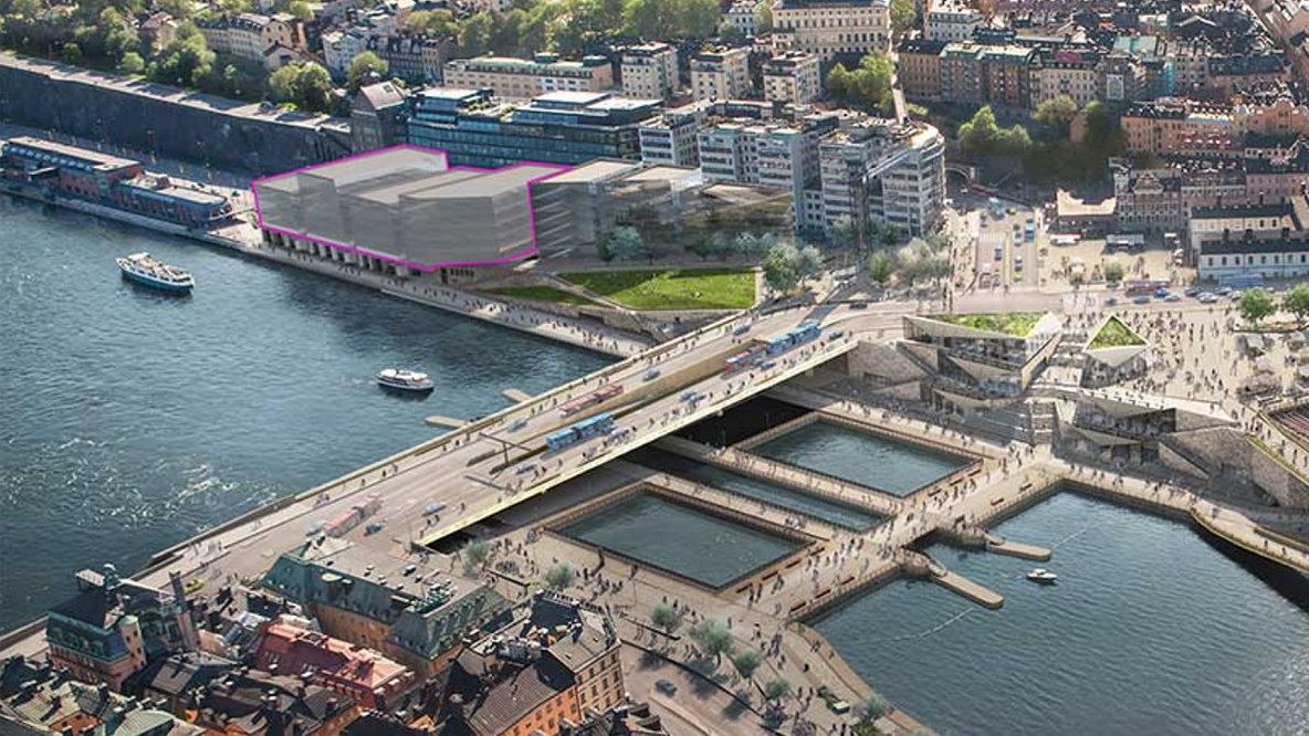 Modellbild av nya Slussen med det föreslagna nya Nobelcentret inritat till uppe vänster. I förgrunden skymtar delar av Gamla stan.