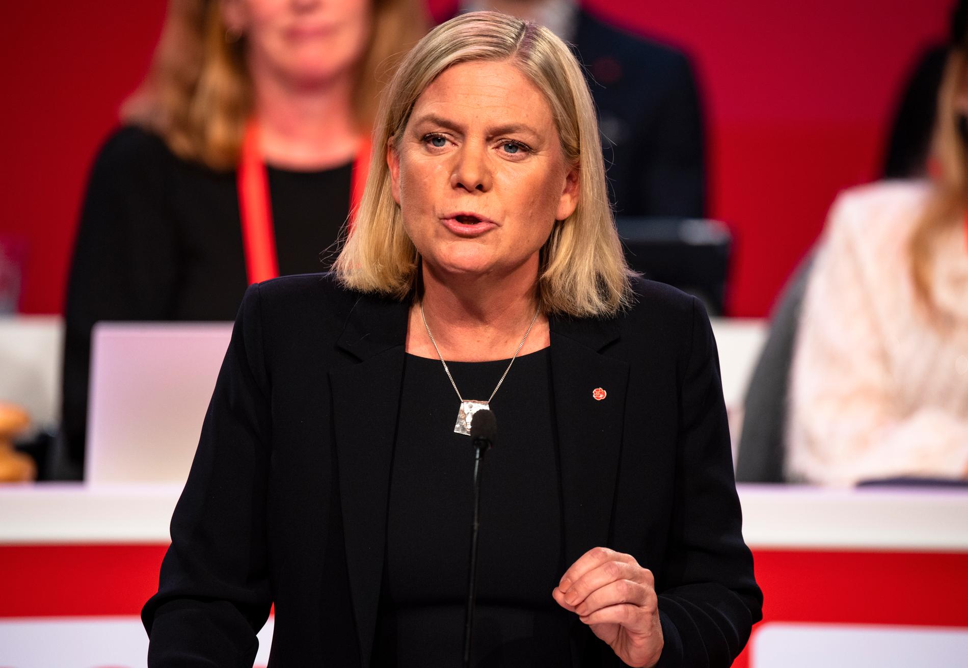 Magdalena Andersson under sitt första tal som partiledare.