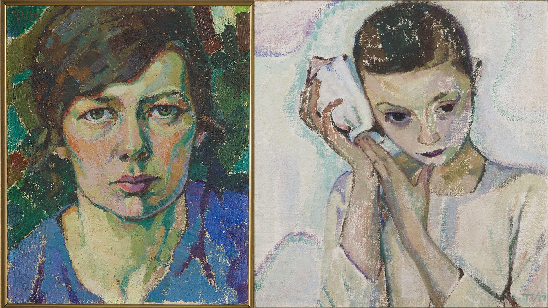 Tora Vega Holmström: ”Självporträtt med blå klänning”, cirka 1916, privat ägo samt ”Gosse med snäcka”, 1918, Moderna Museet. 