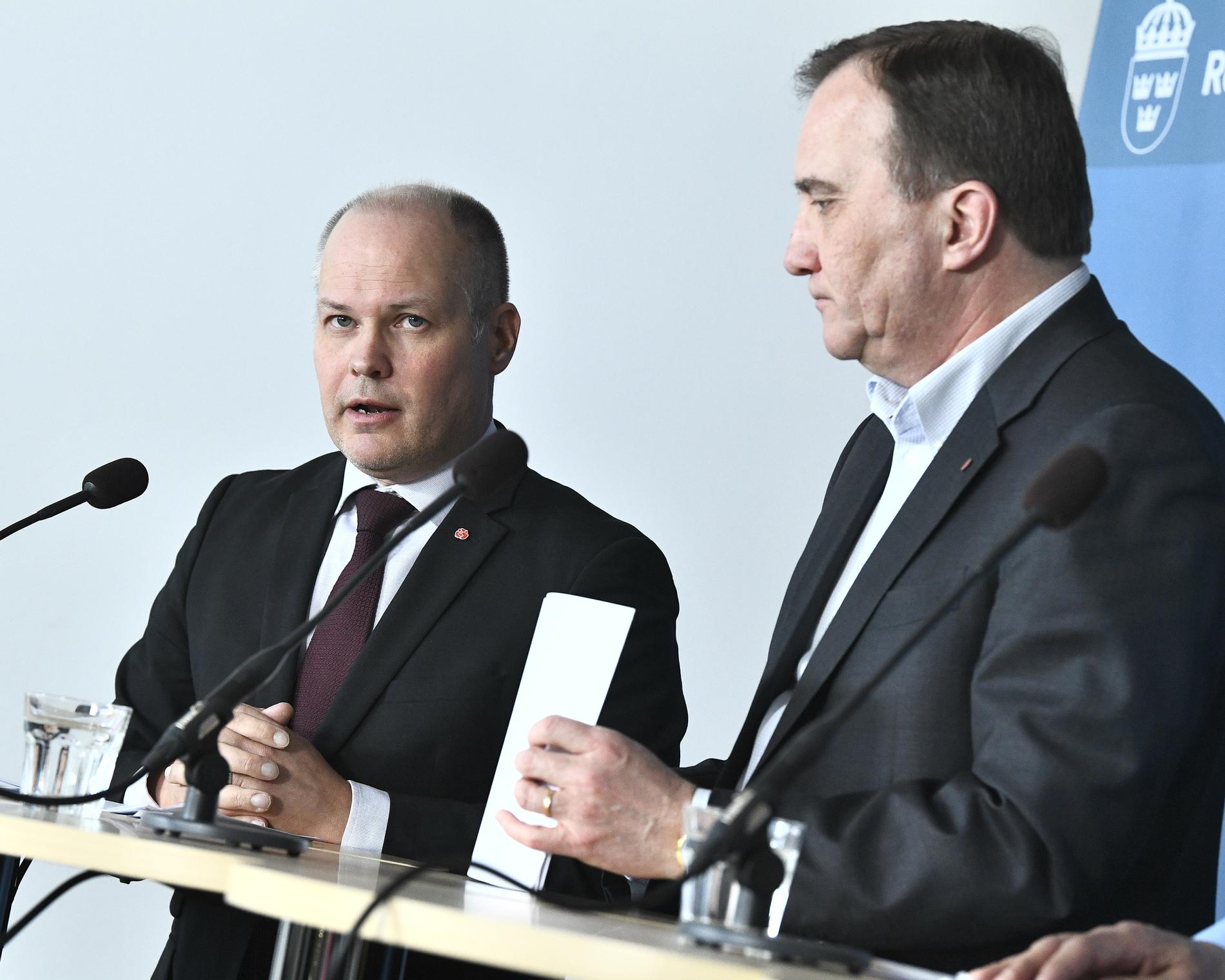 Justitieminister Morgan Johansson (S) och statsminister Stefan Löfven (S) håller en pressträff efter fredagens besök på polisutbildningen på Södertörns högskola.