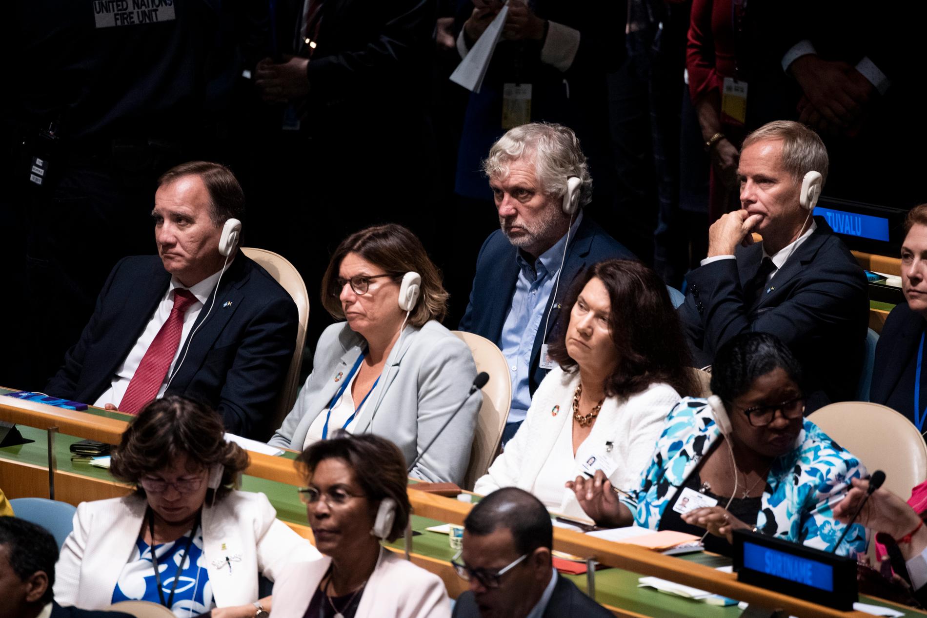 Statsminister Stefan Löfven (S) tillsammans med den dåvarande miljö- och klimatministern Isabella Lövin (MP) och utrikesminister Ann Linde (S) vid öppnandet av FN:s generalförsamling i New York för två år sedan.