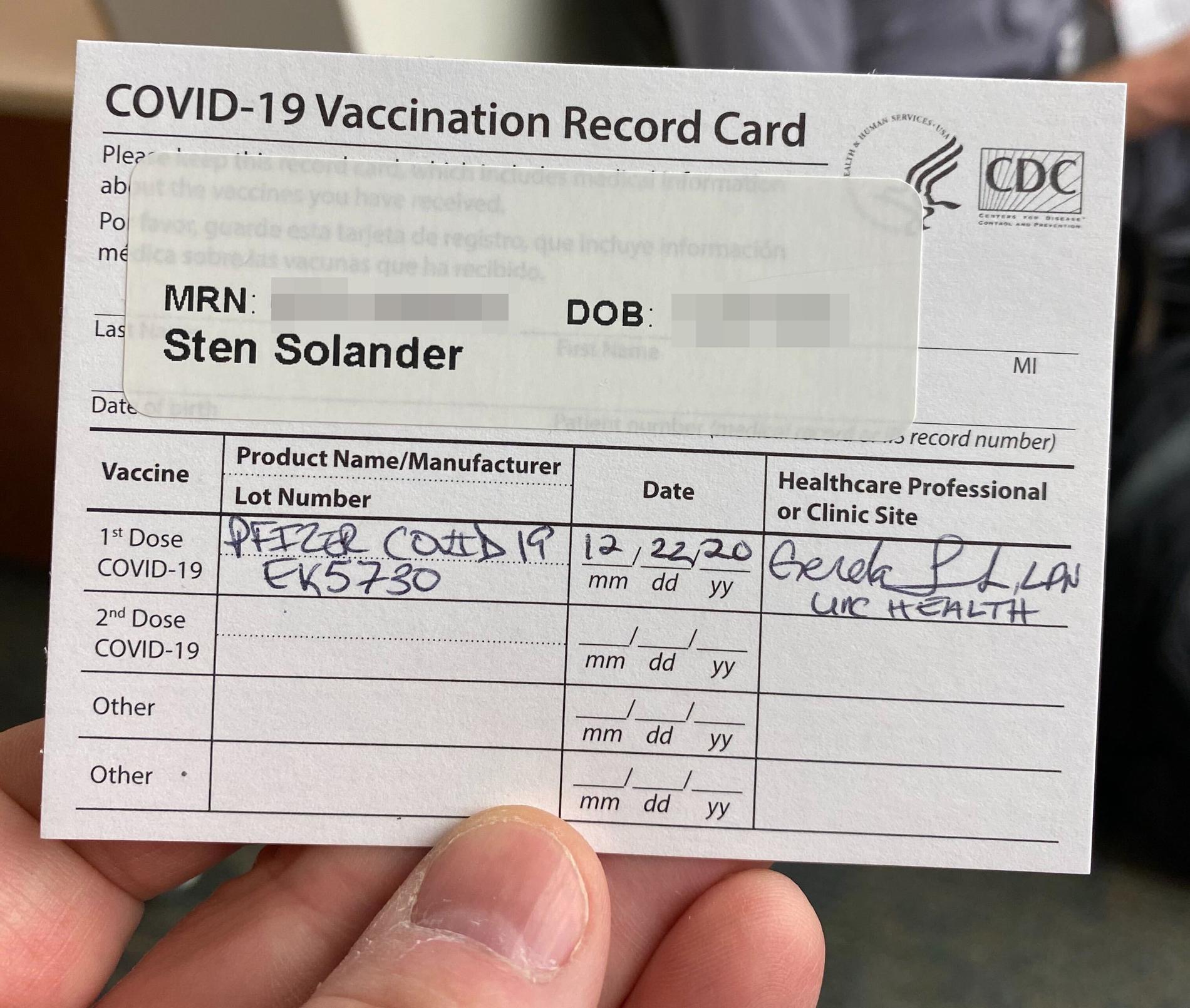 Sten Solanders vaccinkort.