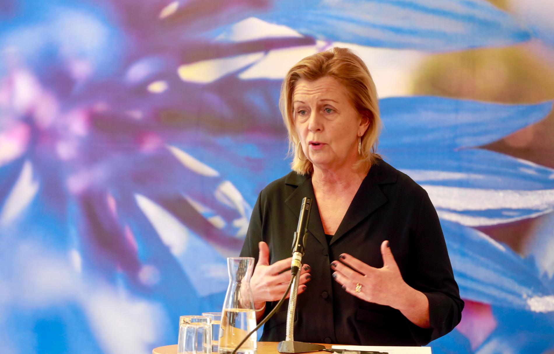 Partisekreterare Maria Arnholm (L) på en pressträff inför Liberalernas riksmöte.