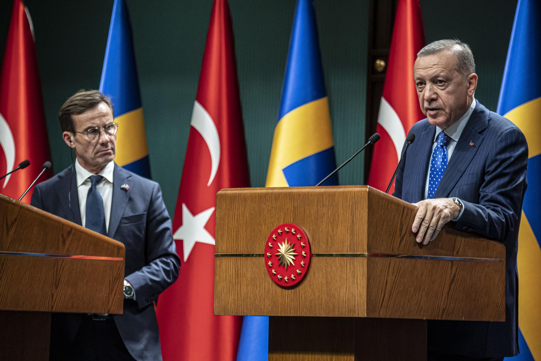 Kristersson och Erdogan under pressträffen efter förhandlingar om Sveriges inträde i Nato i november.