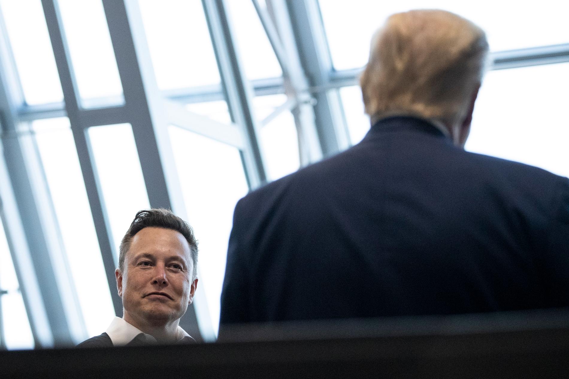 Space X-chefen Elon Musk i samspråk med president Donald Trump på Kennedy Space Center på lördagen.