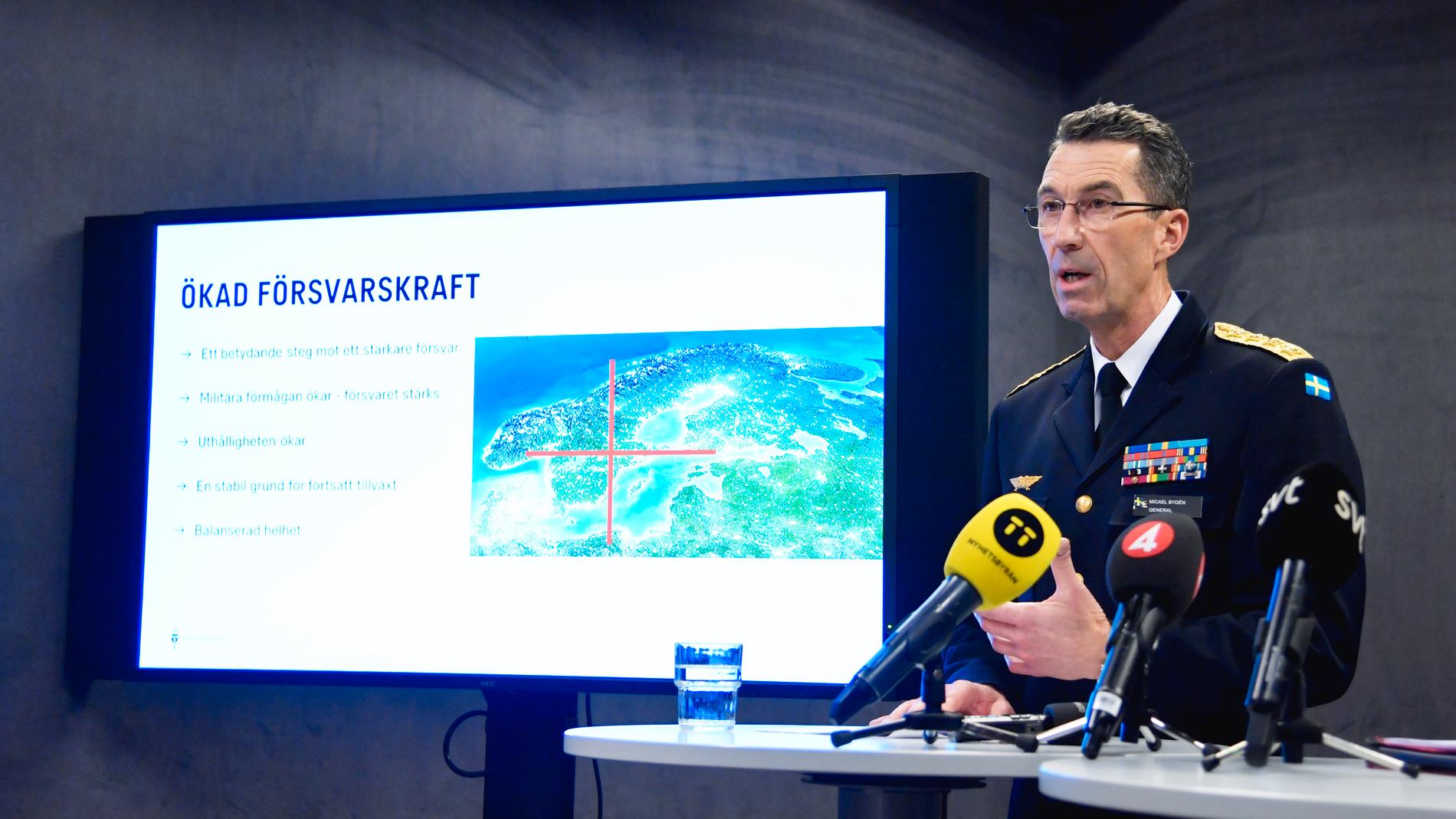 Överbefälhavaren Micael Bydén höll i november en pressträff om sin analys av försvarsberedningens förslag till försvarspengar från 2022 och framåt.