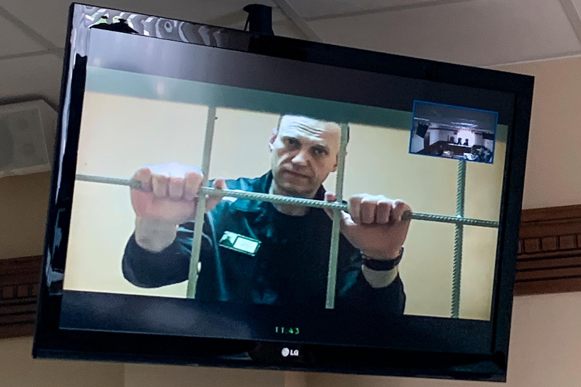 Regimkritikern Aleksej Navalnyj på en videoskärm i en domstol i Moskva i fjol. Arkivbild.