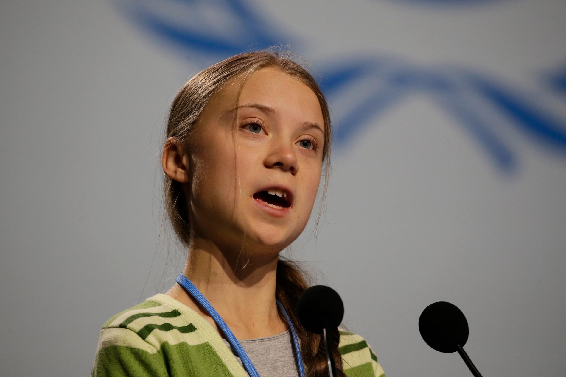Klimataktivisten Greta Thunberg under ett tal vid FN:s klimatkonferens i Madrid i onsdags.