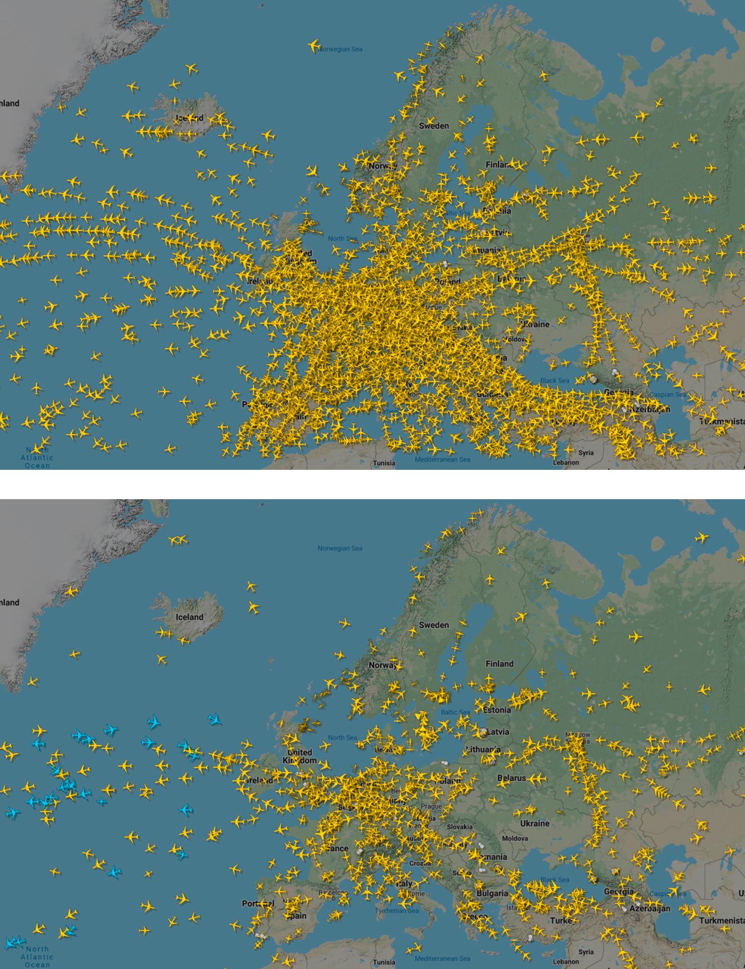 Flygtrafik över Europa. Den övre bilden är från den 18 december i fjol, den nedre från den 25 mars i år.