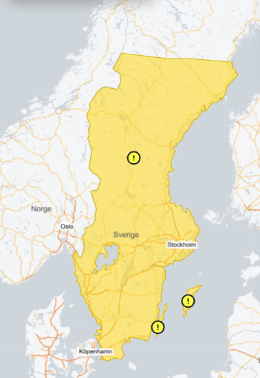 Gul varning över stora delar av Sverige. 