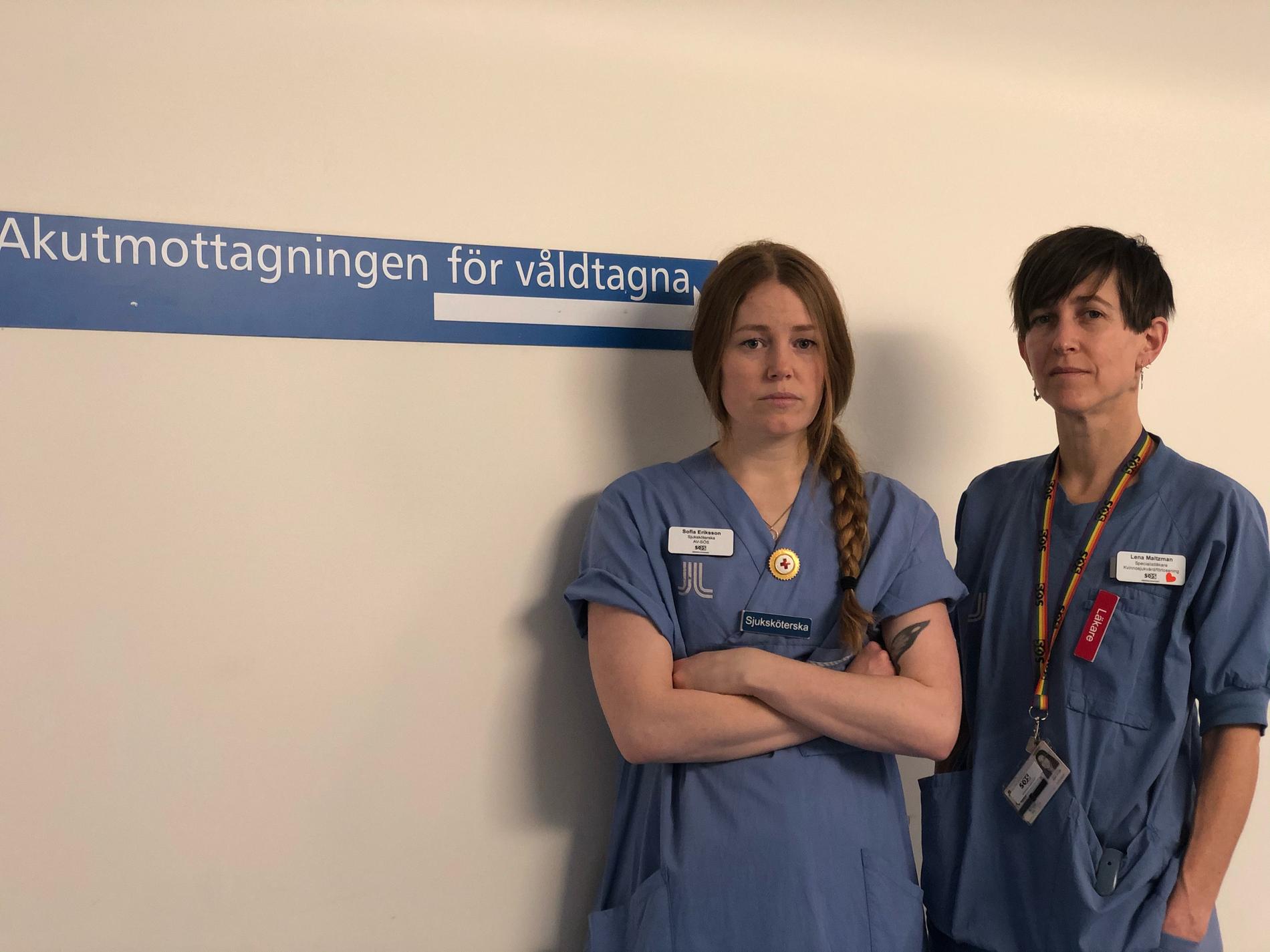 Sofia Eriksson, sjuksköterska och Lena Maltzman, medicinskt ansvarig läkare på Södersjukhusets akutmottagning för våldtagna. 
