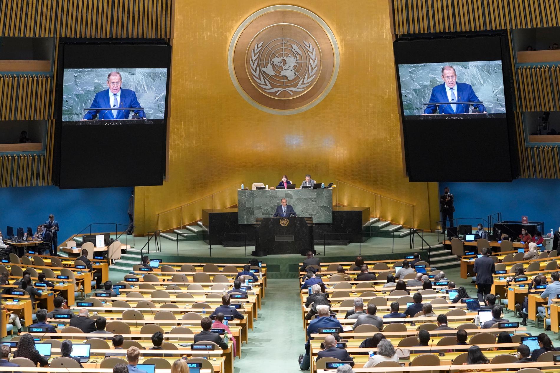 Rysslands utrikesminister Sergeij Lavrov talar i FN:s generalförsamling 24 september förra året, när Rysslands invasionskrig i Ukraina pågått i sju månader.