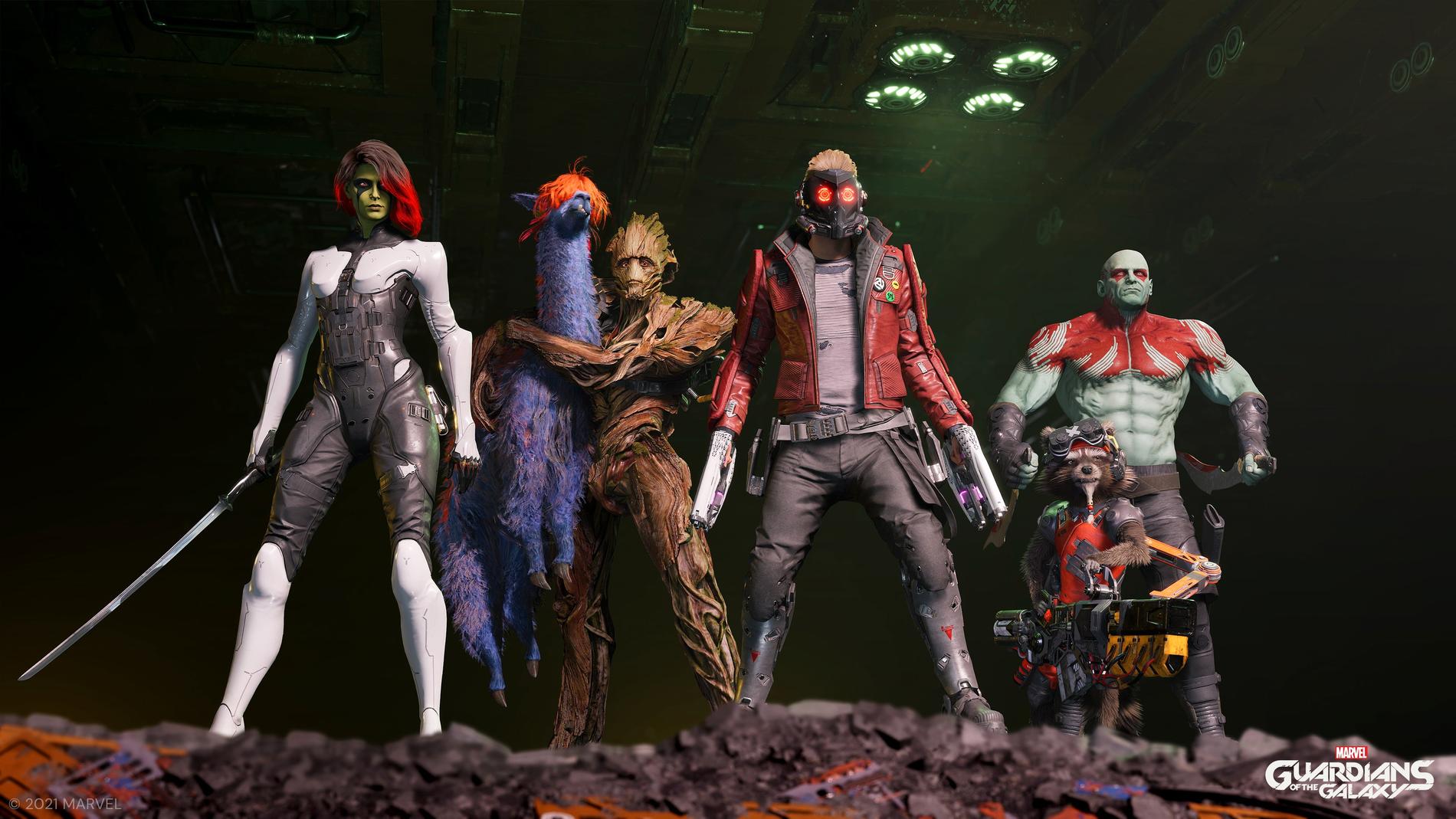 Hjältarna i spelversionen av "Guardians of the galaxy" ser annorlunda ut än de gör i filmerna. Pressbild.