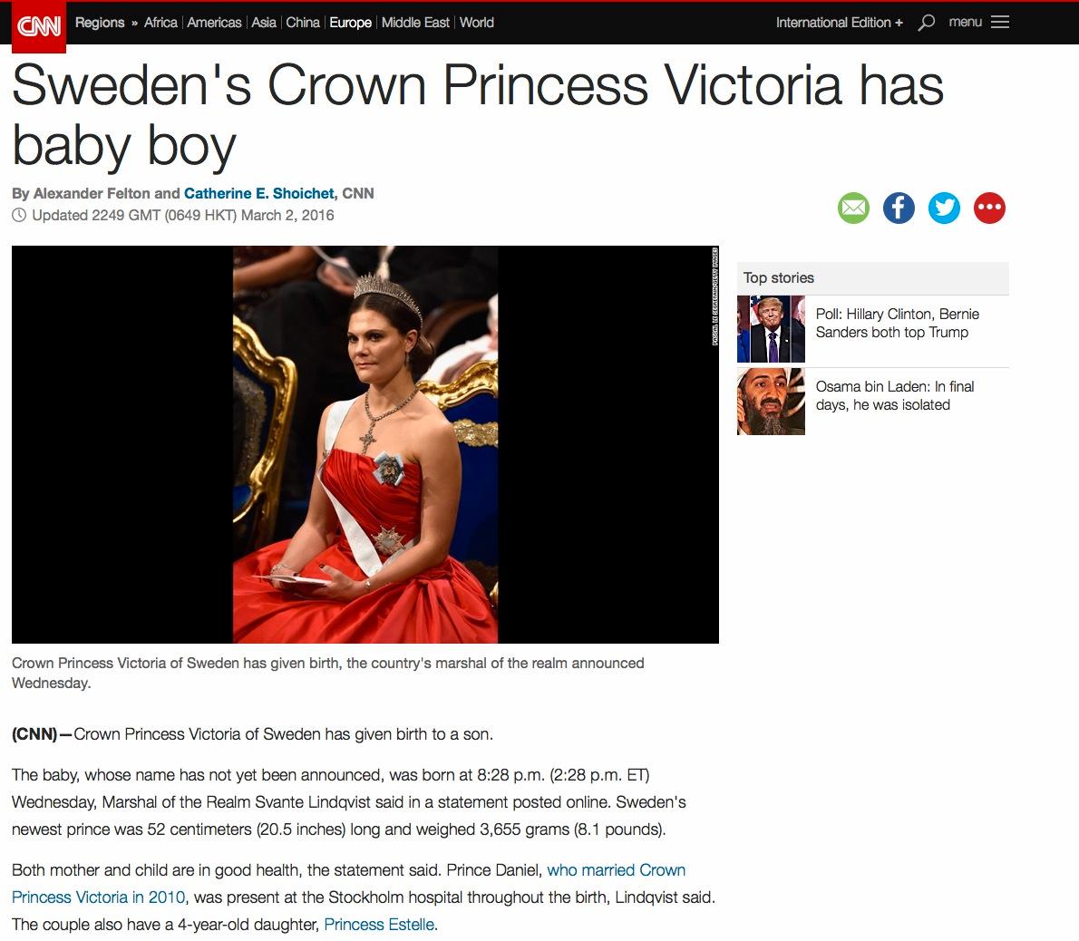 Även i USA blev det en stor nyhet att Victoria fött barn. Här uppmärksammat av CNN.