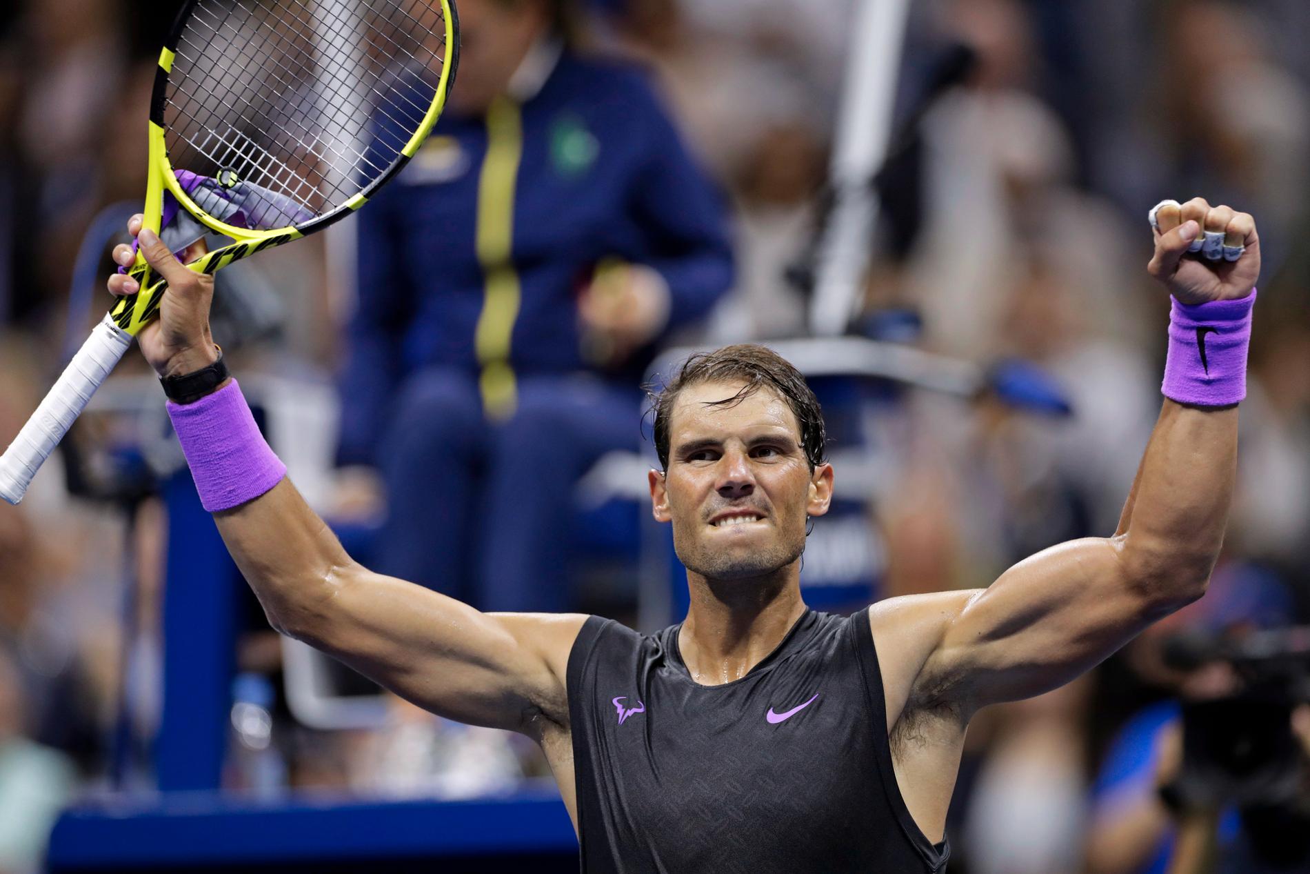Rafael Nadal, firar sin första seger i årets upplaga av US Open.