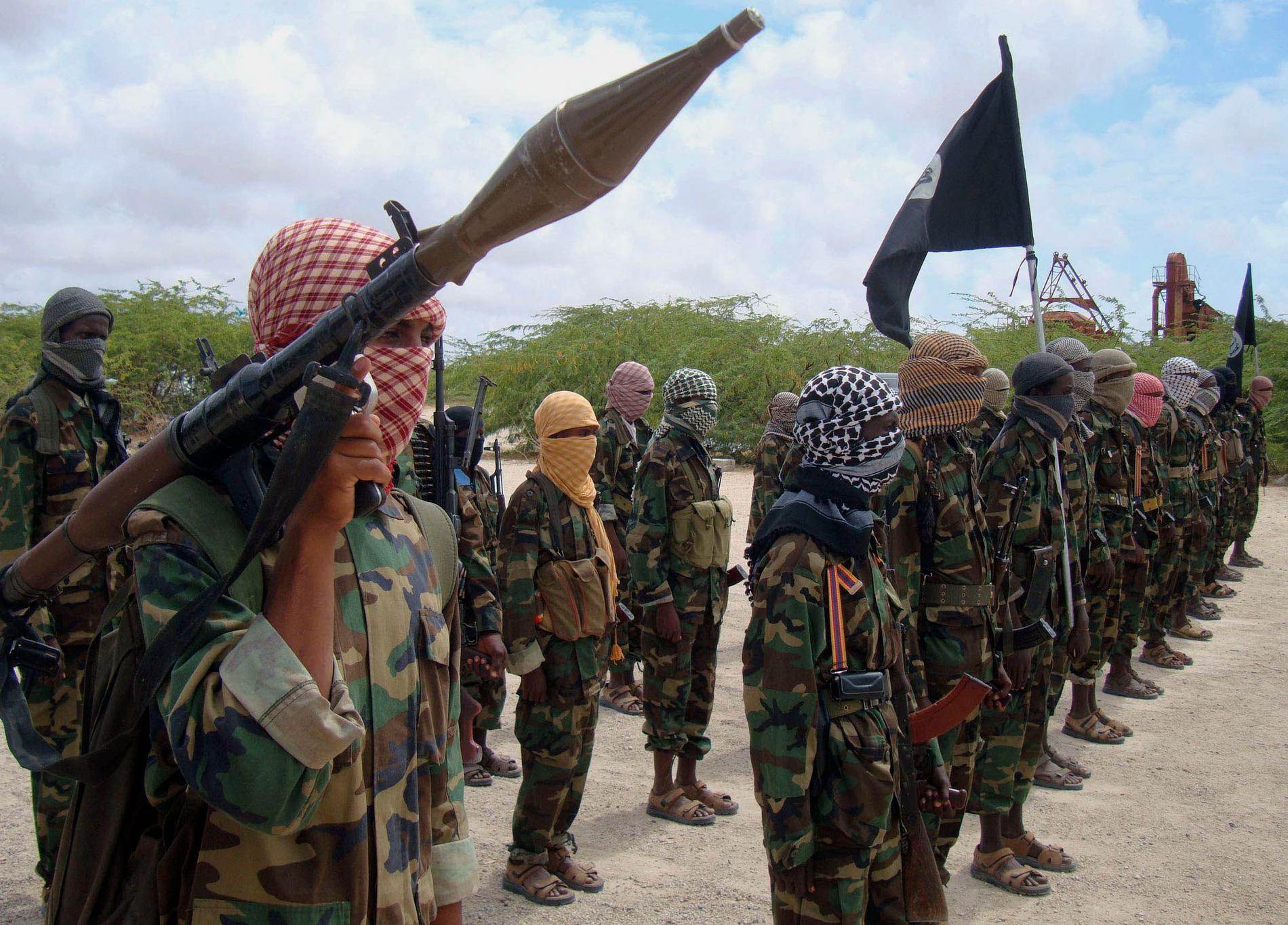 Medlemmar av islamistgruppen al-Shabaab visar upp nya vapen. Arkivbild.