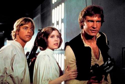 Mark Hamill som Luke Skywalker, Carrie Fisher som prinsessan Leia och Harrison Ford som Han Solo.