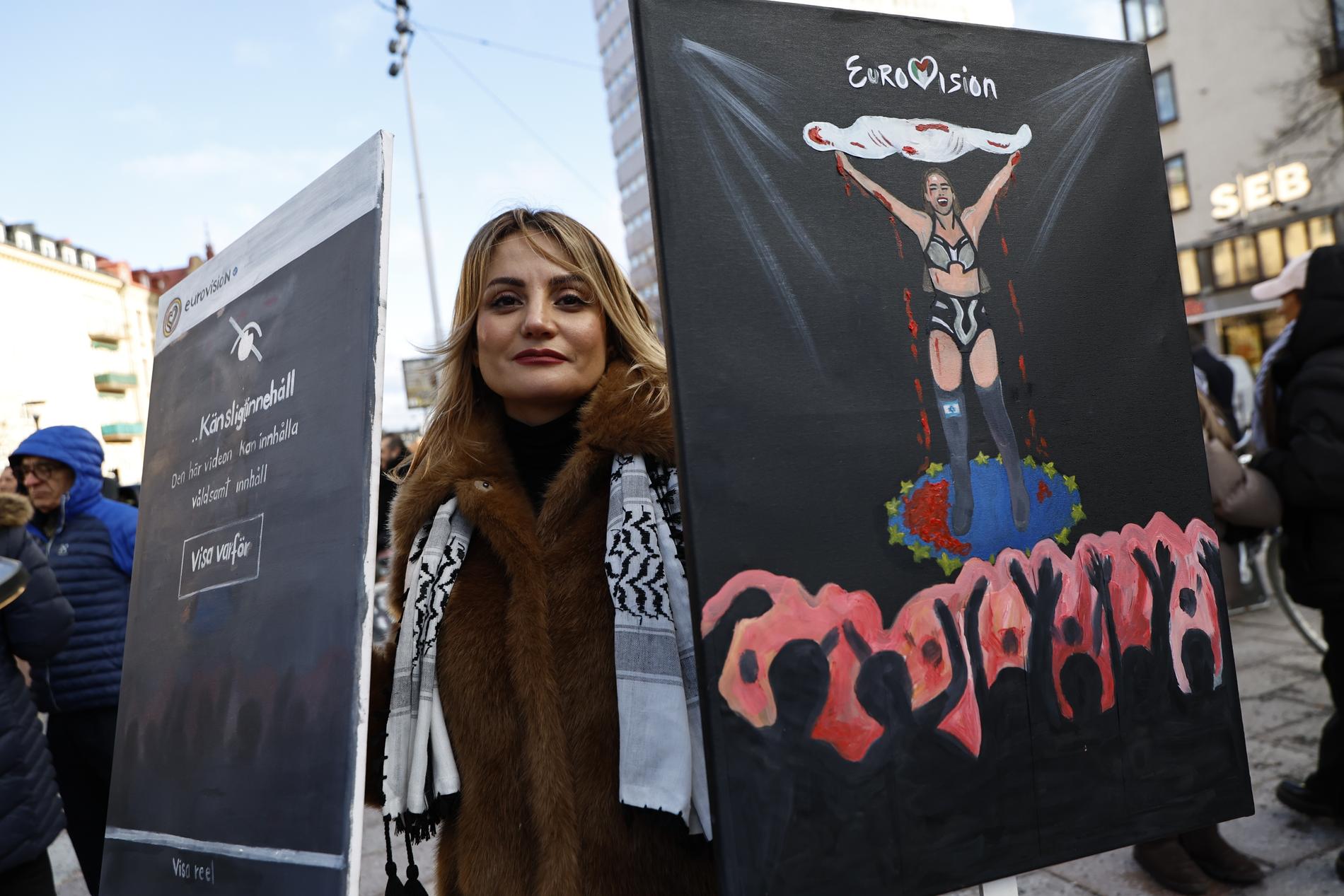 Lubna al Sheikhly under en demonstration arrangerad av Together for Palestine med krav om att utesluta Israel ur Eurovision.