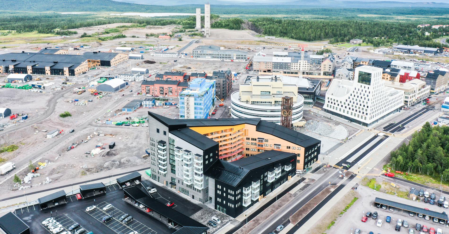 Drönarbild över Kirunas nya centrum som nu invigs.