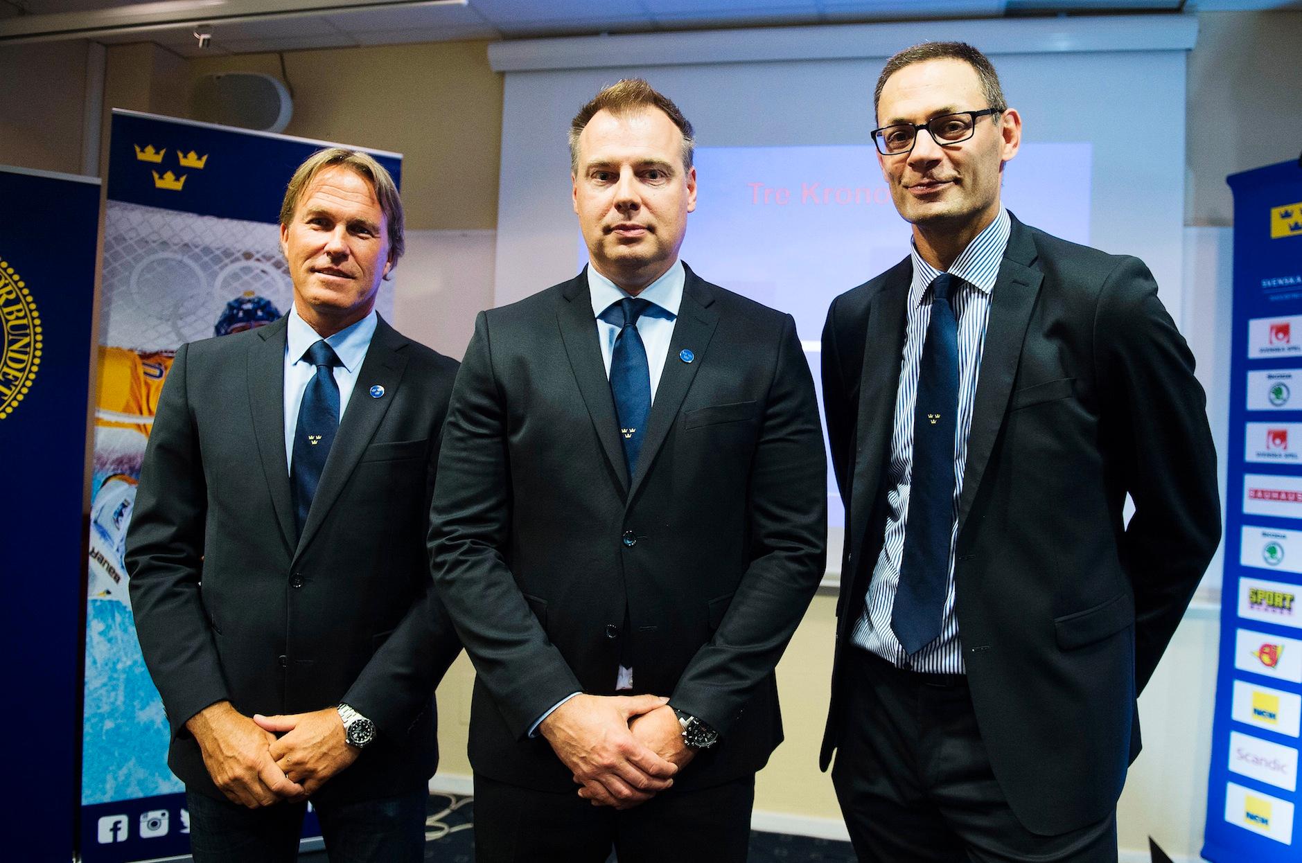Ledartrion Johan Garpenlöv, Rikard Grönborg (förbundskapten) och Peter Popovic ska leda Tre Kronor efter VM i Minsk 2016.