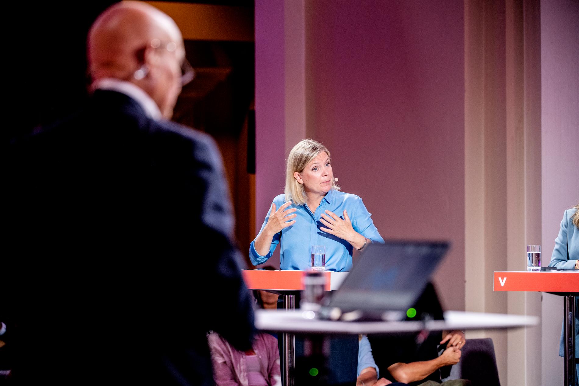 Magdalena Andersson (S) under partiledardebatten. 