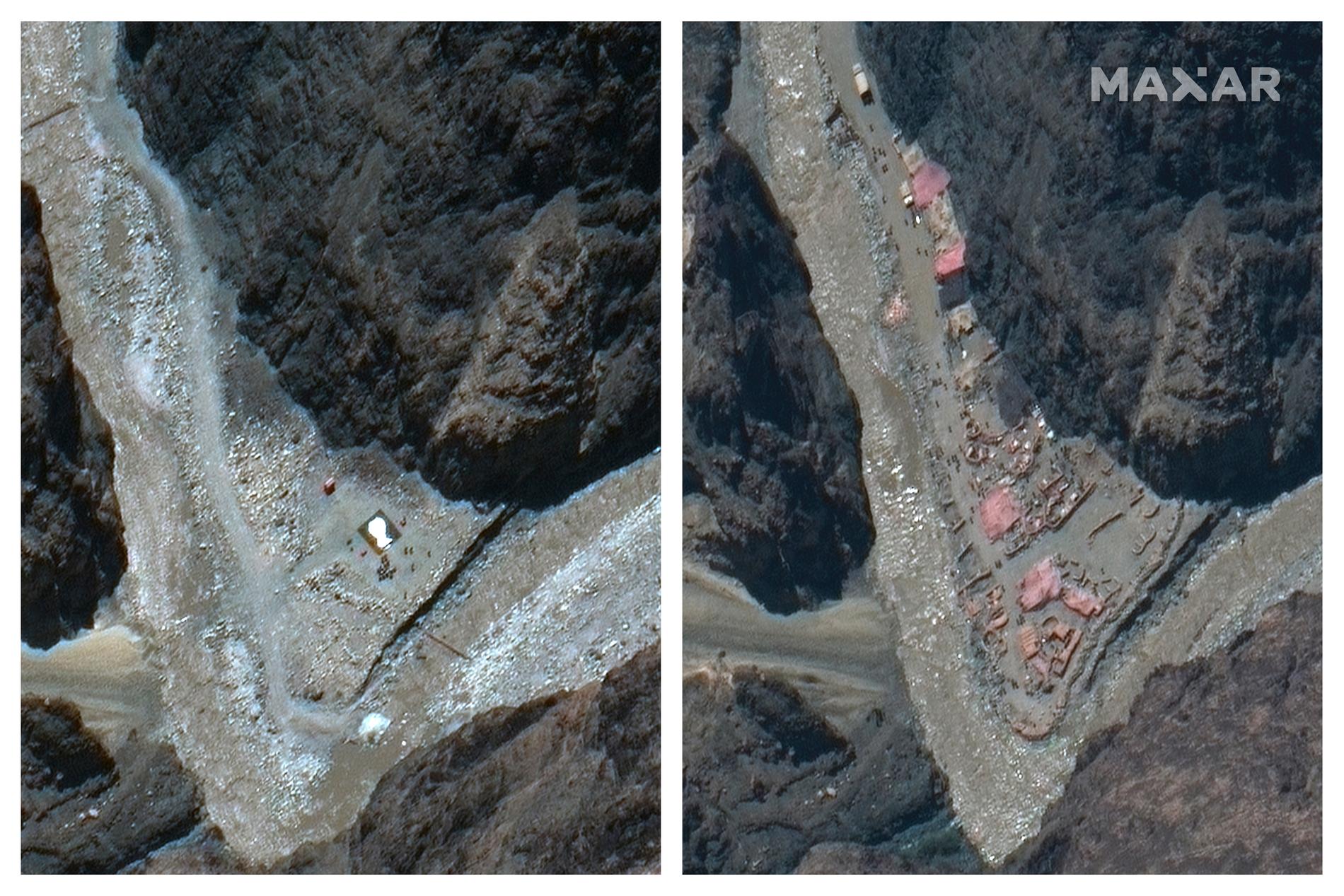 Satellitbilder som enligt företaget Maxar Technologies visar flodfåran i den omstridda Galwandalen den 22 maj (bilden till vänster) och den 23 juni, då kinesisk militär förstärkt sin närvaro i dalen.