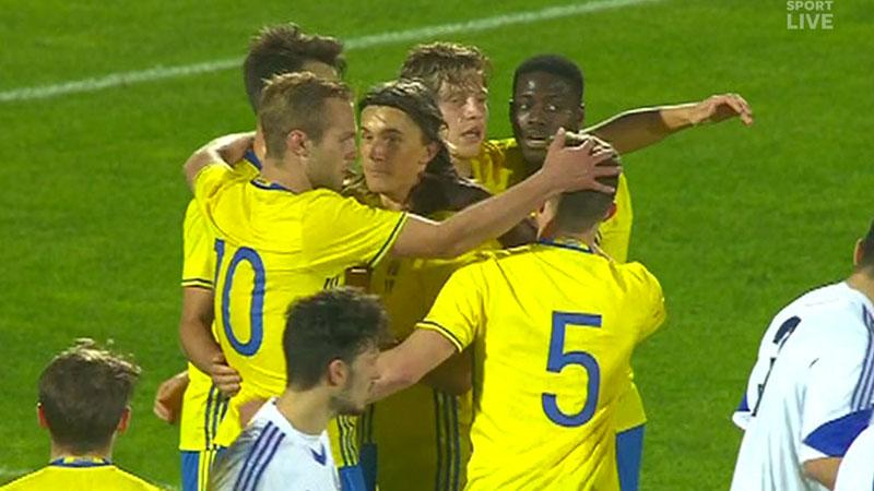 Svenska spelarna firar 1-0-målet.