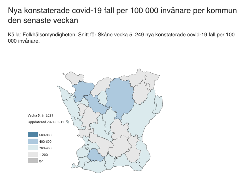 Skärmdump från Region Skånes kommunrapport. Kartan visar antalet nya fall per 100 000 invånare för att kunna jämföra Skånes olika kommuner. 