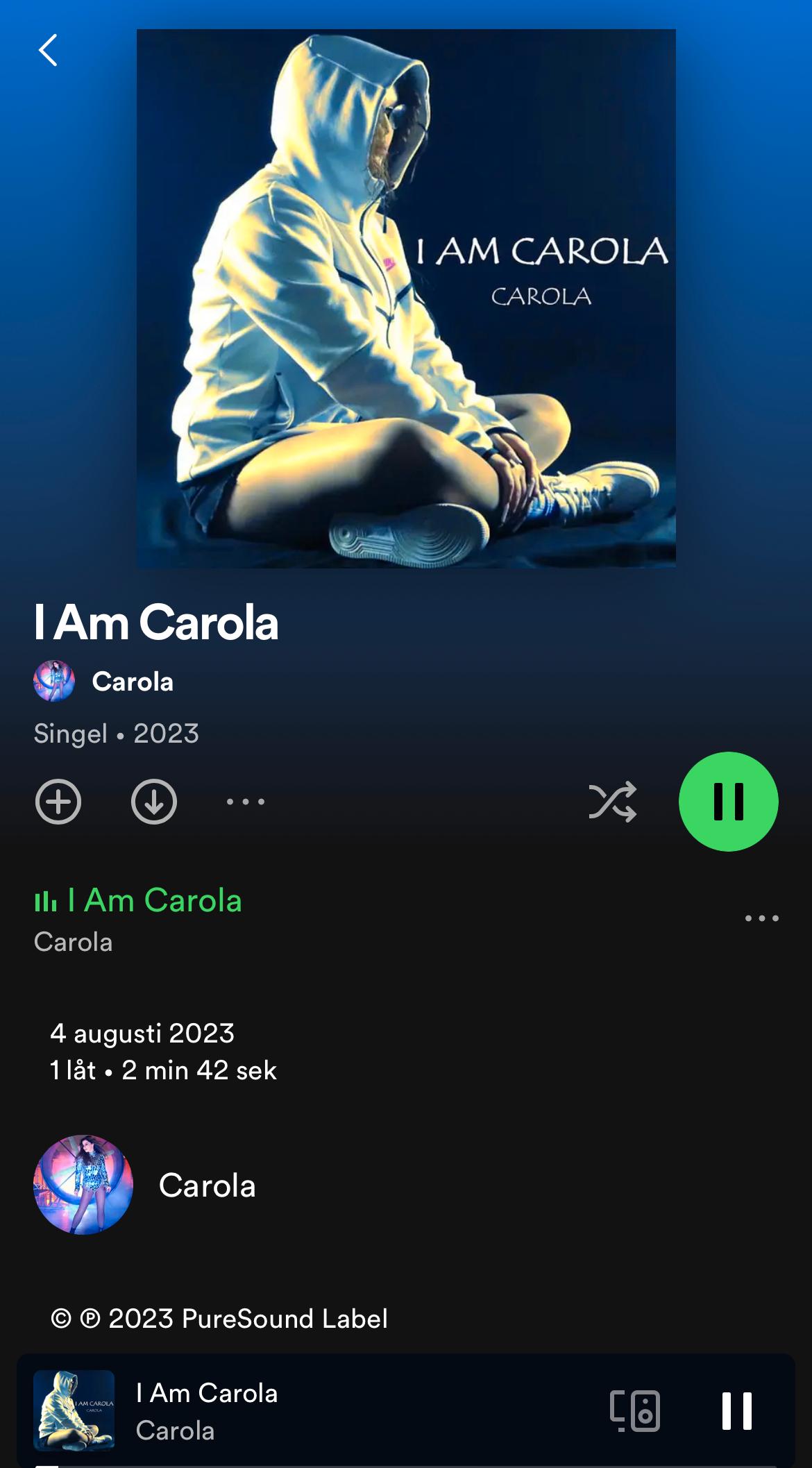 Låten ”I Am Carola” av den italienska sångerskan Carola – som inte har något med svenska Carola att göra. 