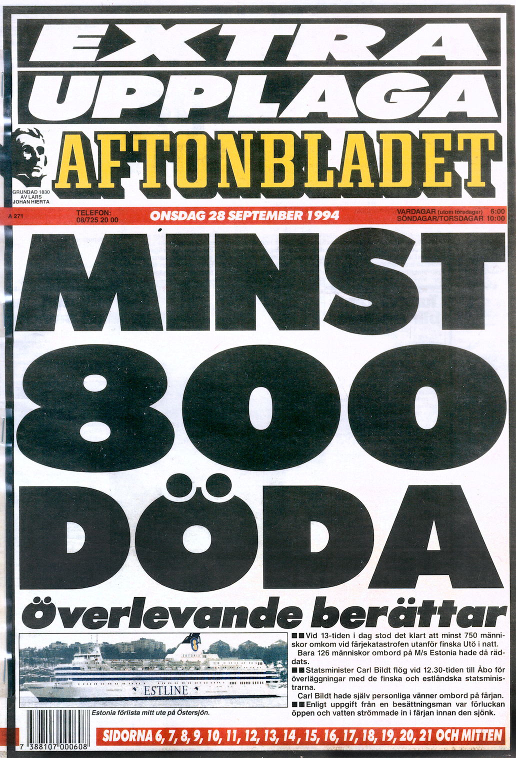 Aftonbladets extraupplaga efter katastrofen.
